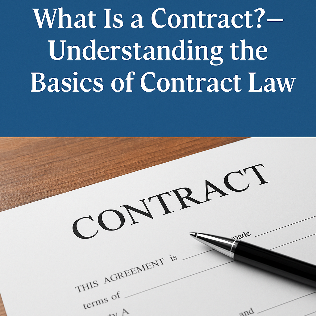Legal document titled “Contract” with a black pen on a wooden table – visual representation for understanding contract law